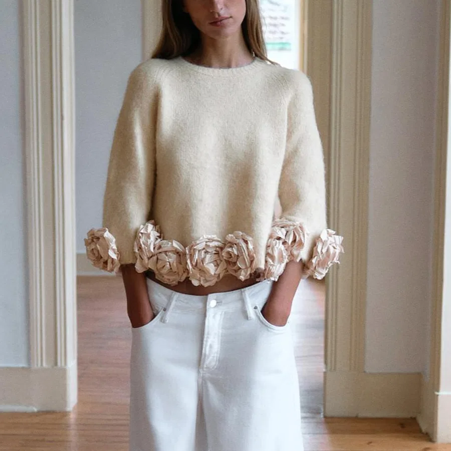Женский свитер с круглым вырезом Light Pink ZARA, Light Pink — фото 4