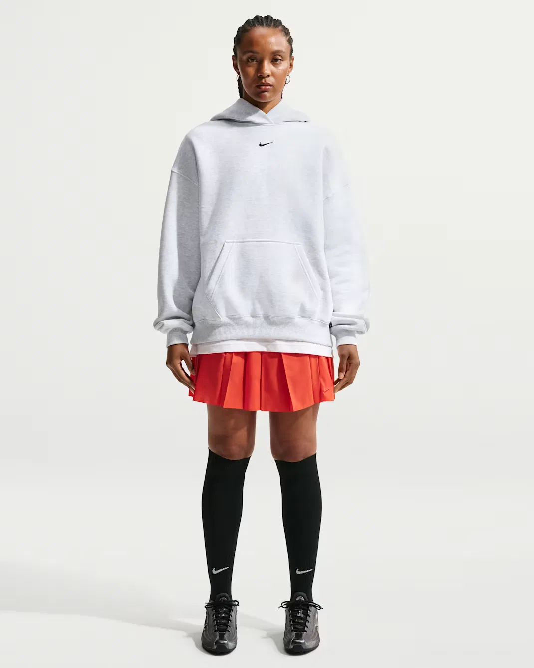 Женская толстовка с капюшоном оверсайз Nike Studio Fleece Medium Weight, Birch Heather/Black — фото 4