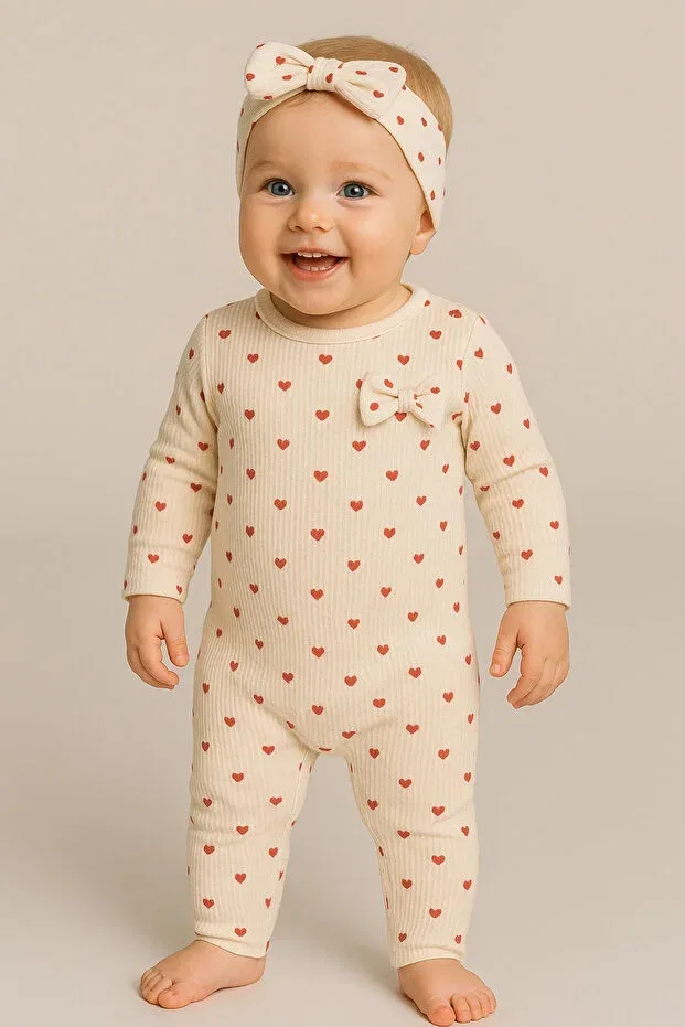 Детский комбинезон для девочек с принтом Heart Pattern Bandana Nevrankids, Ecru