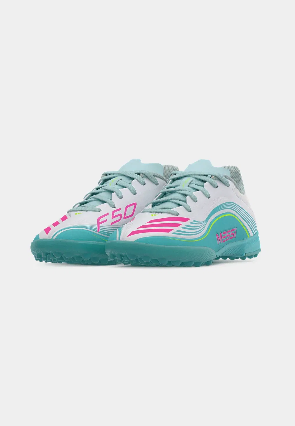Детские футбольные бутсы F50 Messi League Turf унисекс - для искусственных газонов Adidas Performance, Footwear White/Lucid Pink/Flash Aqua — фото 3