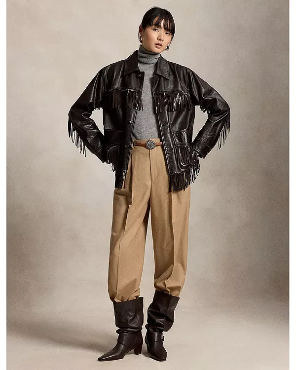 Женская кожаная куртка с бахромой Ralph Lauren, коричневый — фото 2