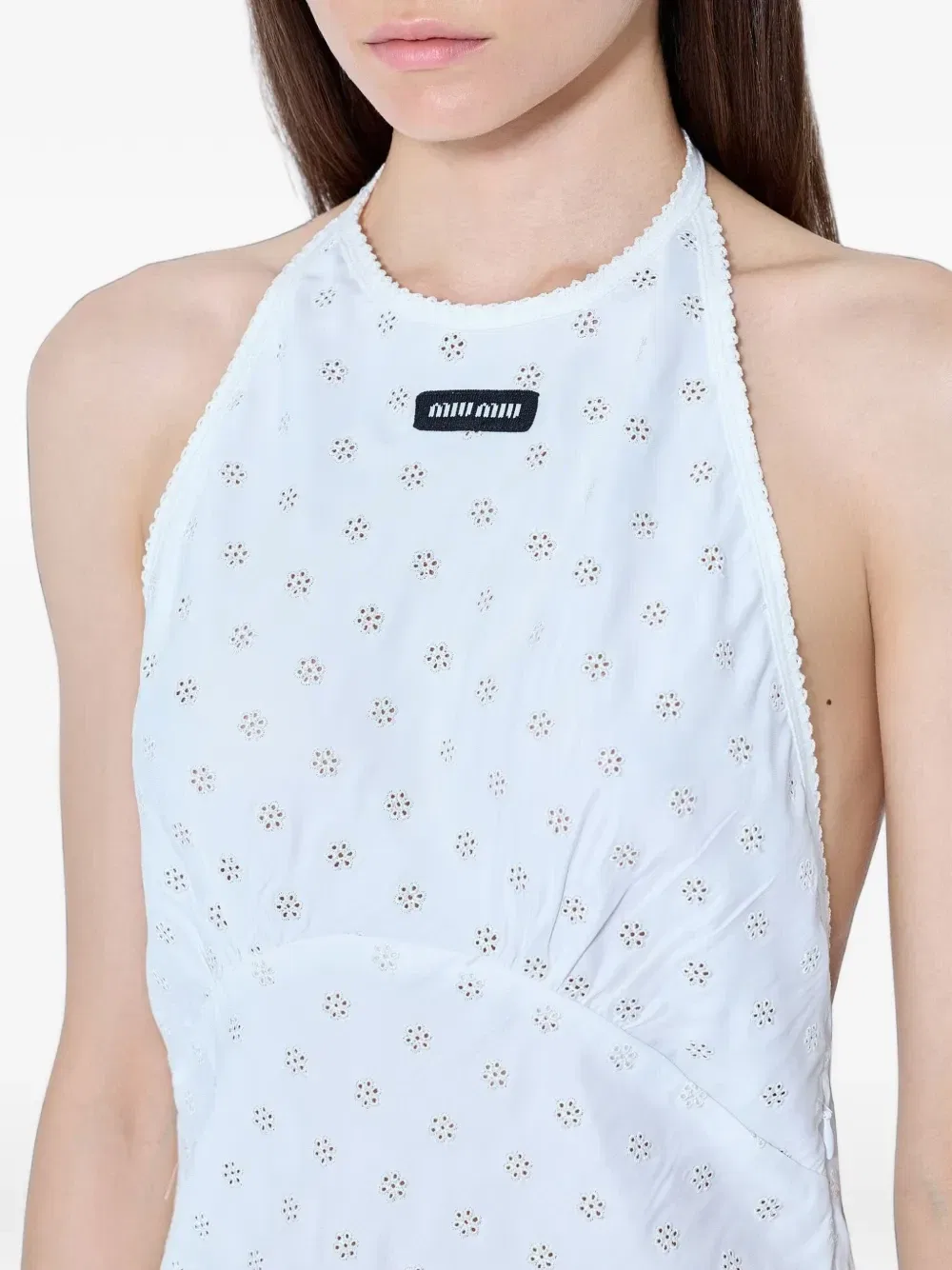 Мини-платье из крепдешина с кружевными вставками MIU MIU, белый — фото 4