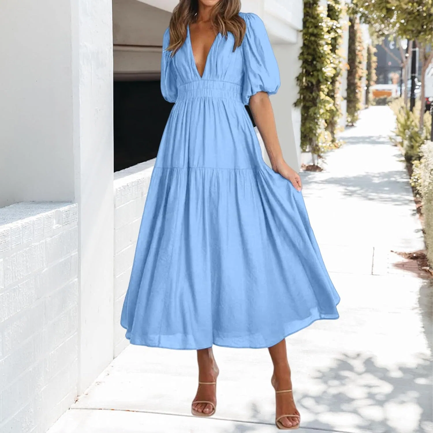 Женское летнее макси-платье V-образным вырезом Aline, Light Blue — фото 3