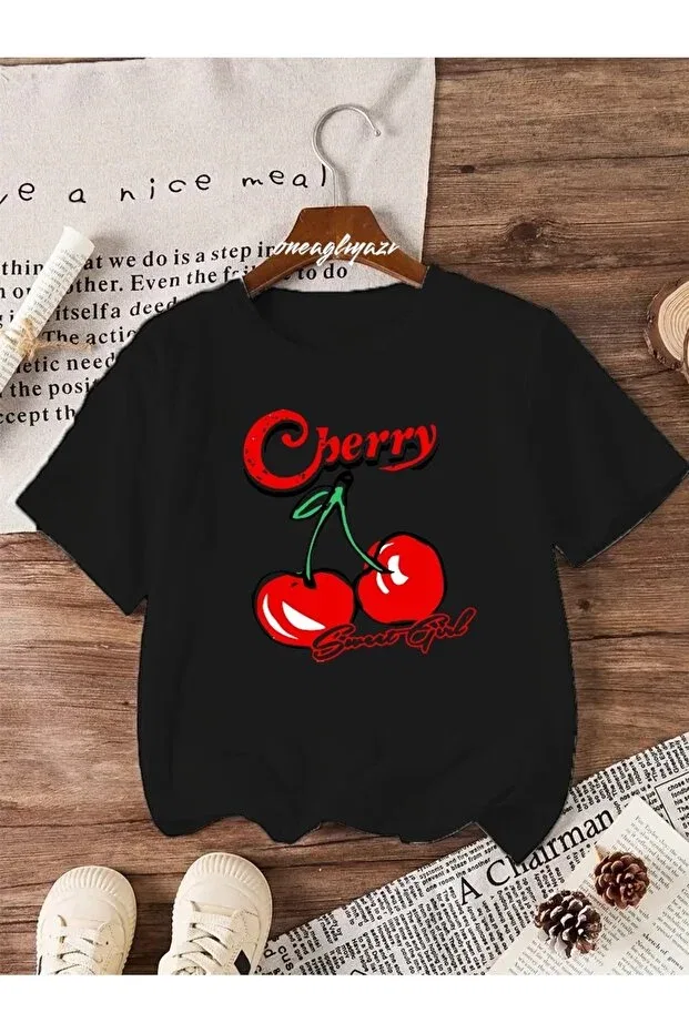 Детская футболка для мальчиков с принтом Cherry Printed Children's Oversize T-Shirt Oneagılyazı, Black