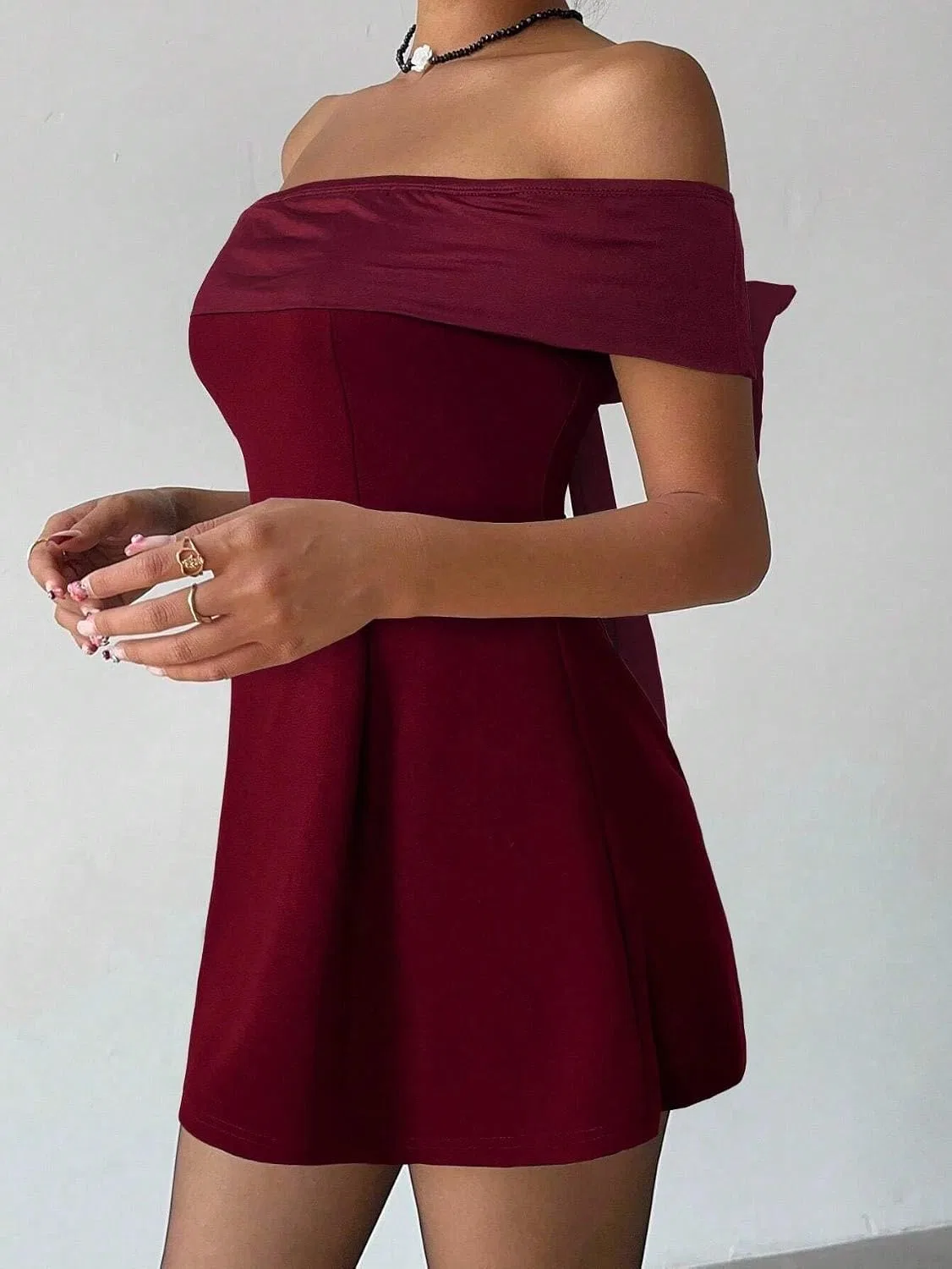Женское повседневное платье с открытыми плечами A-line, Burgundy — фото 4