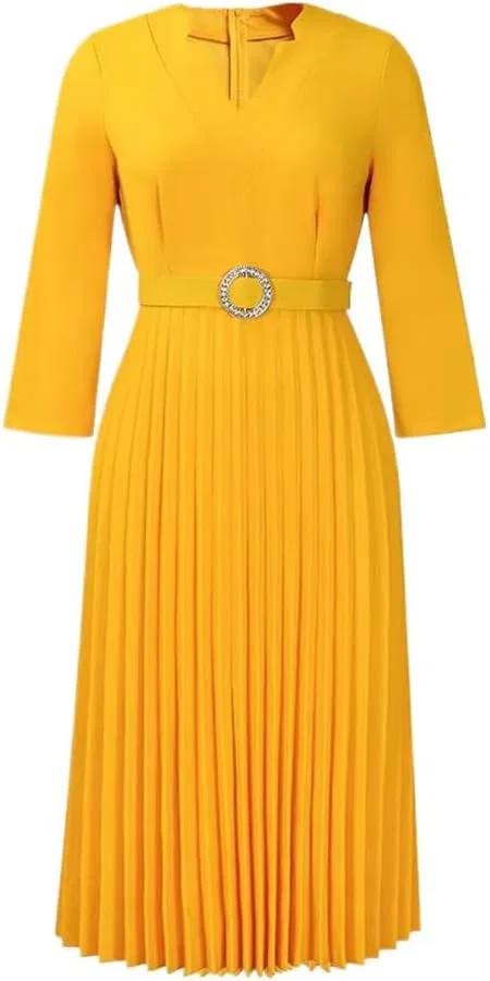 Женское платье V-образным вырезом и плиссировкой A-line, Yellow