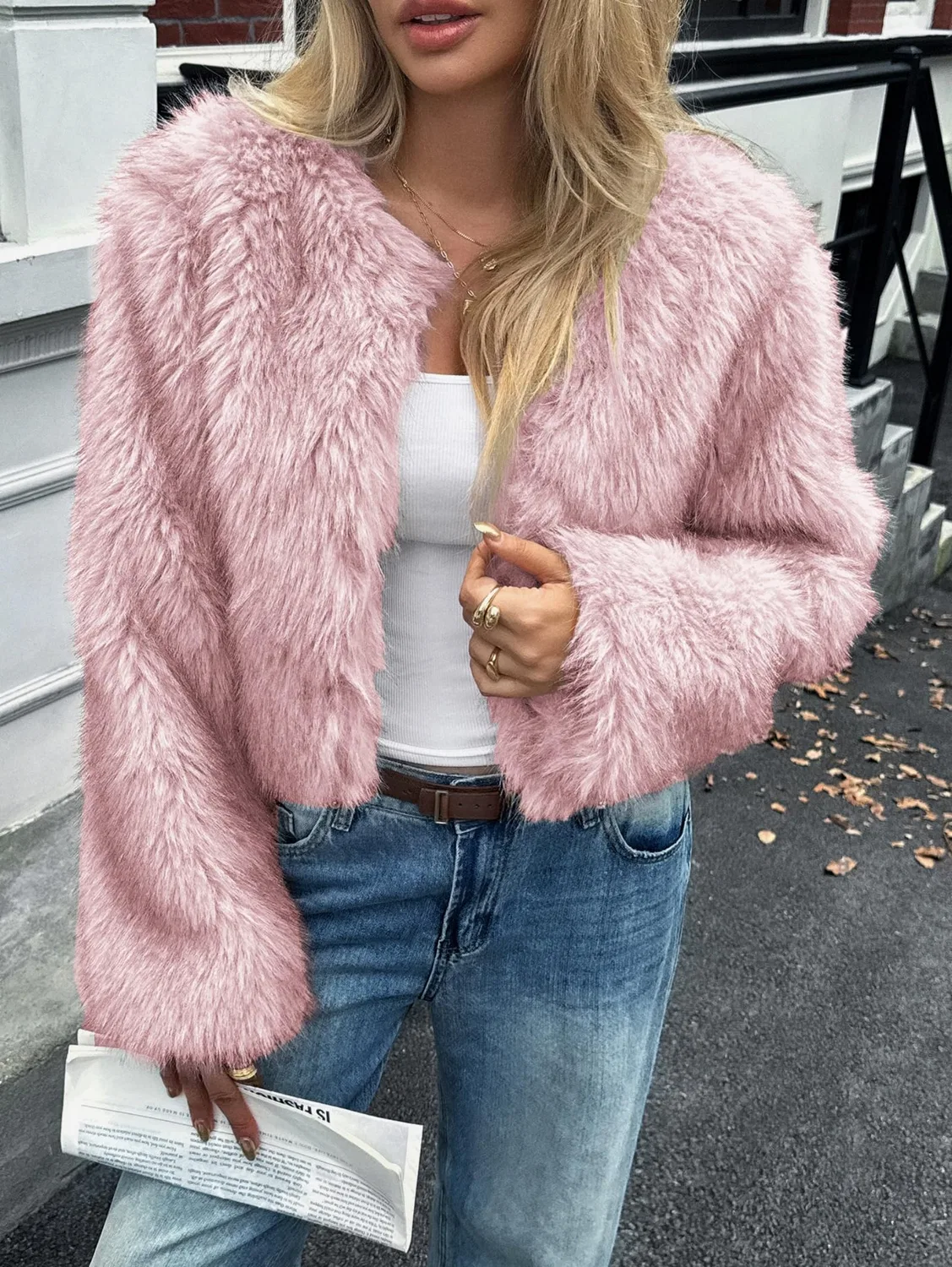 Женское пальто из искусственного меха с длинным рукавом, pink — фото 4