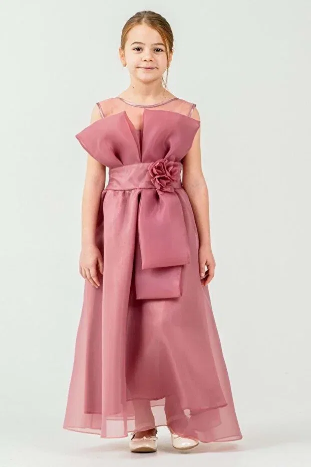Детское платье для девочек с принтом flower and bow detailed Mnk Baby&Kids, Dried Rose — фото 2