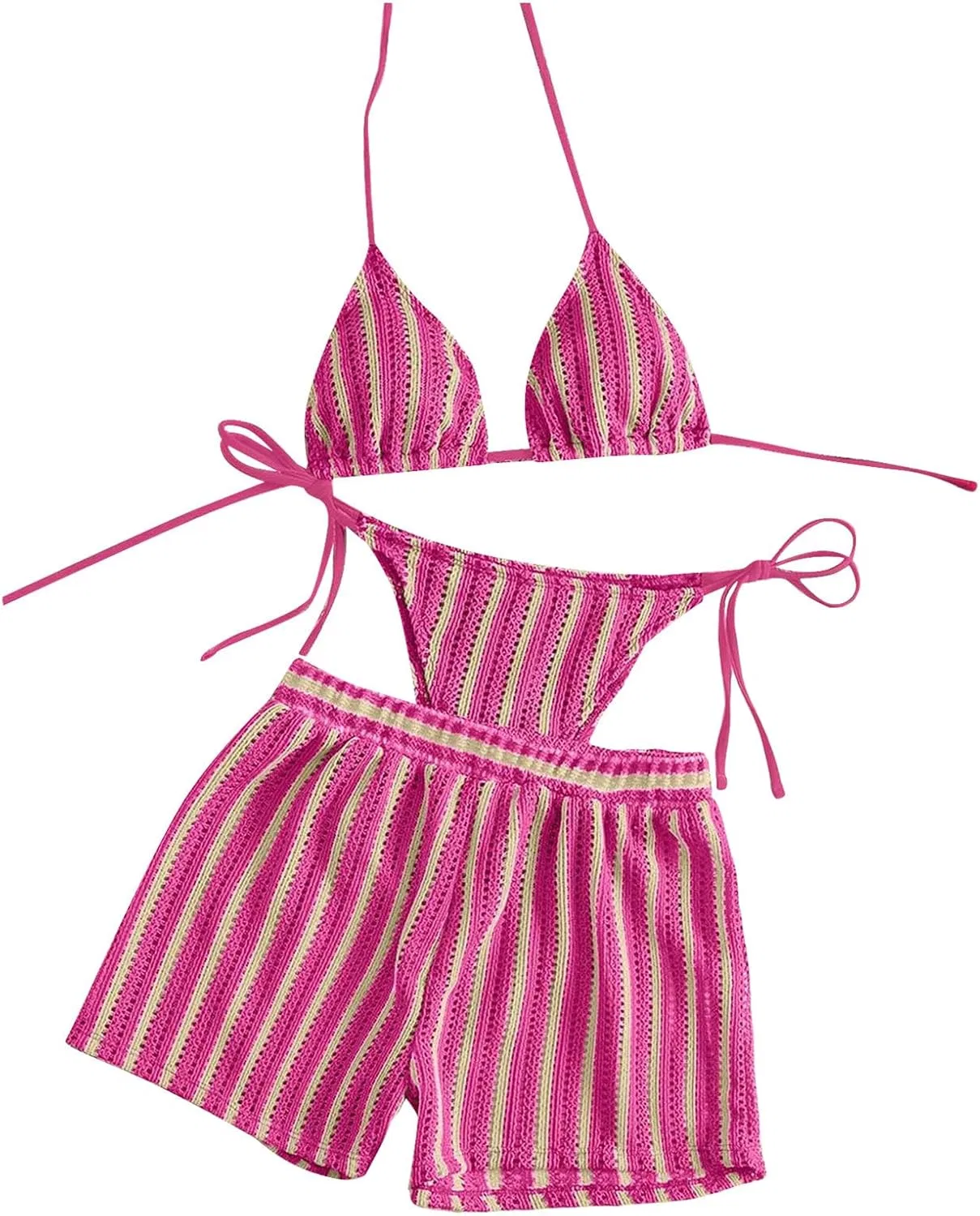 Женский купальный костюм с вязаным топом и шортами, Hot Pink