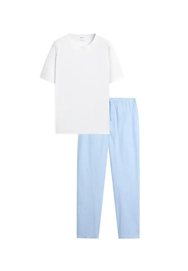 Комплект пижамный: футболка с коротким рукавом и брюки в полоску, модель Short sleeve pyjama top and striped trousers set, Massimo Dutti, light blue, светло-голубой