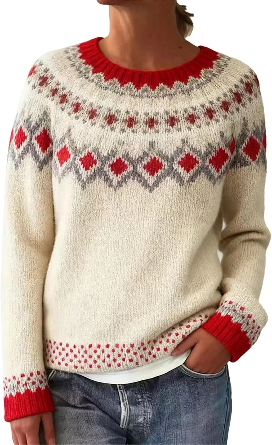 Женский свитер с принтом Fair Isle, модель Crew Neck Fair Isle Sweater, светло-жёлтый