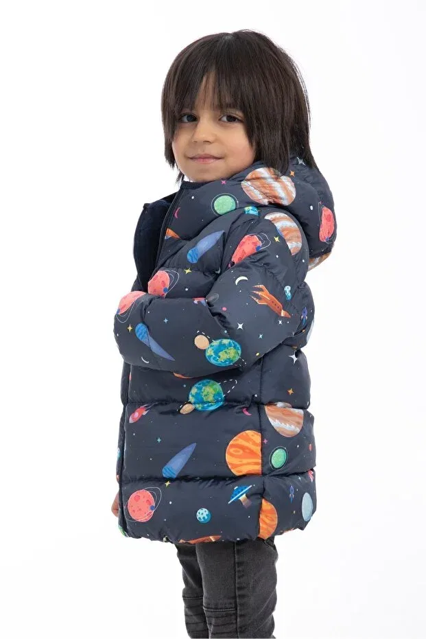 Детский пуховик для девочек с принтом Planet Star Pattern Firststops, Navy Blue — фото 2