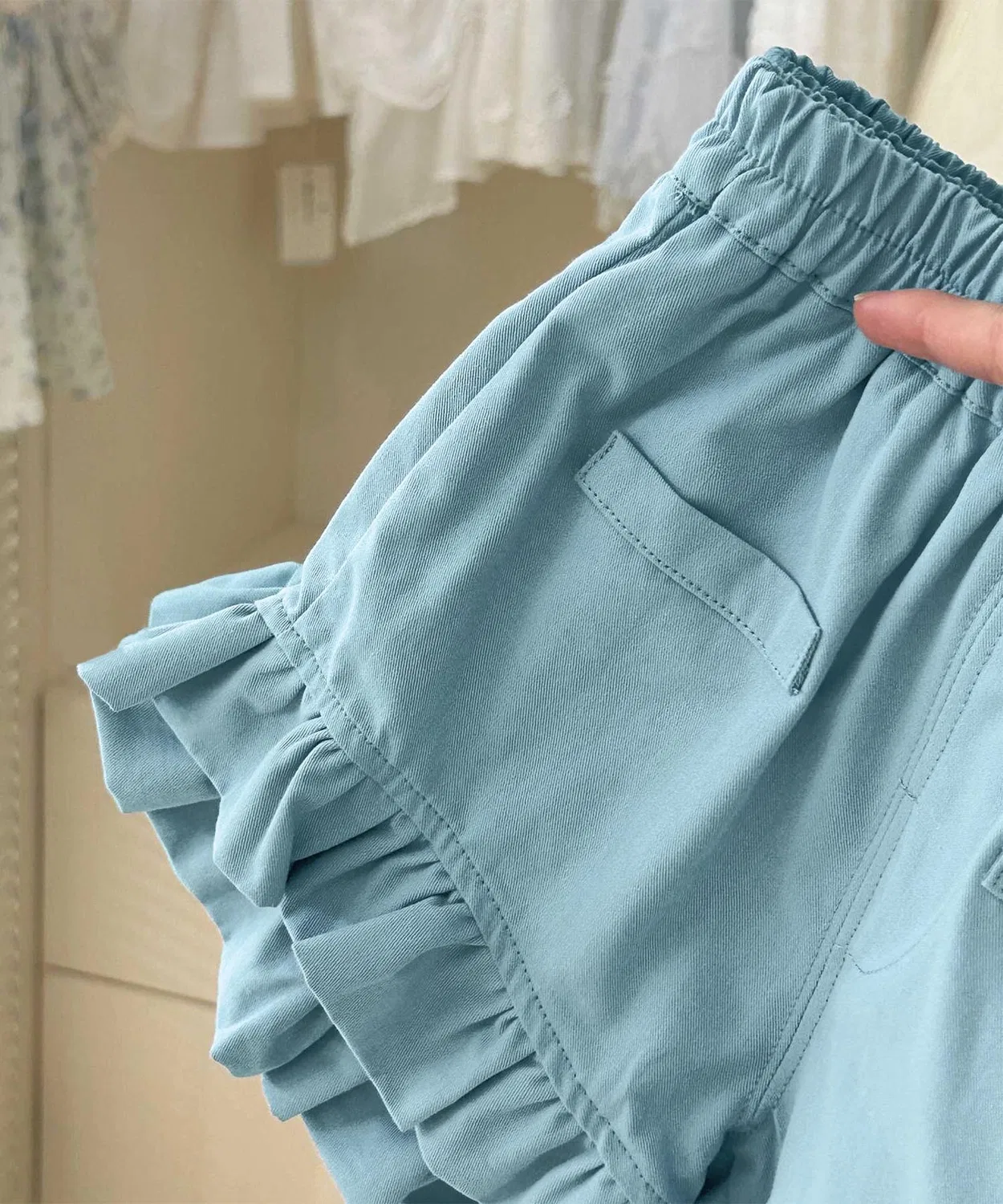 Детские шорты для девочек с оборками по низу, модель aimoha, Blue — фото 3