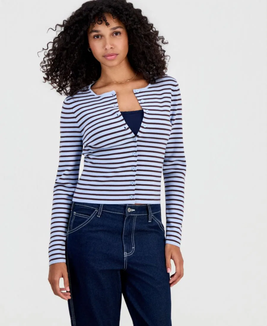 Кардиган с v-образным вырезом и полоской, модель Striped Ribbed Cardigan Hooked Up by IOT, Blue Brown Stripe — фото 3