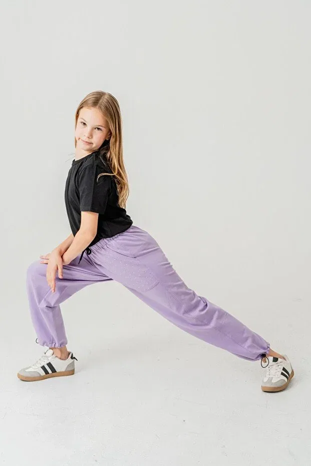 Детские спортивные штаны для девочек с принтом Pocket stoned leg brit elastic stopper Mışıl Kids, Lilac — фото 3