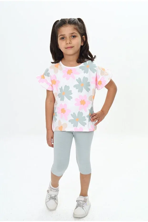 Детский комплект для девочек с принтом Girl'S Sleeve Ruffle Detailed Floral Printed Capri Suit Toontoy, Green