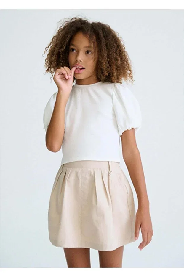 Детское платье-футболка для девочек с принтом Summer girl's balloon sleeve tshirt Mayoral, Ecru — фото 3