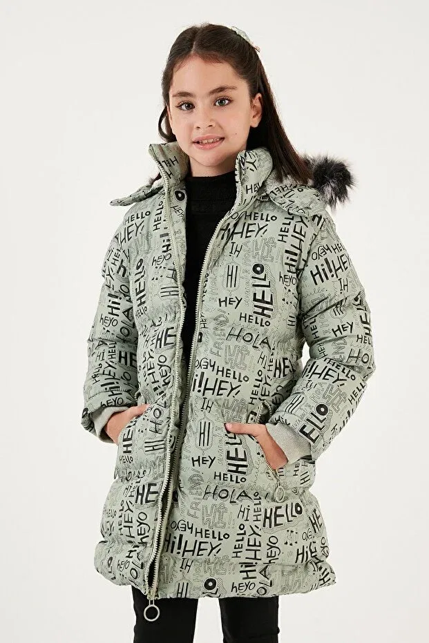 Детское зимнее пальто для девочек с принтом Faux fur text printed removable hooded plush lined winter coat girls child mon Lela, Mint — фото 3