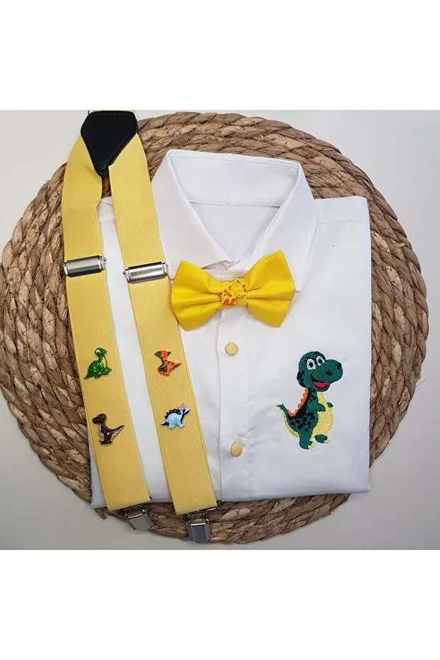 Детская рубашка для мальчиков с принтом Dinosaur Old Bow Tie Shirt Cool Partyshop, Dark Green — фото 4