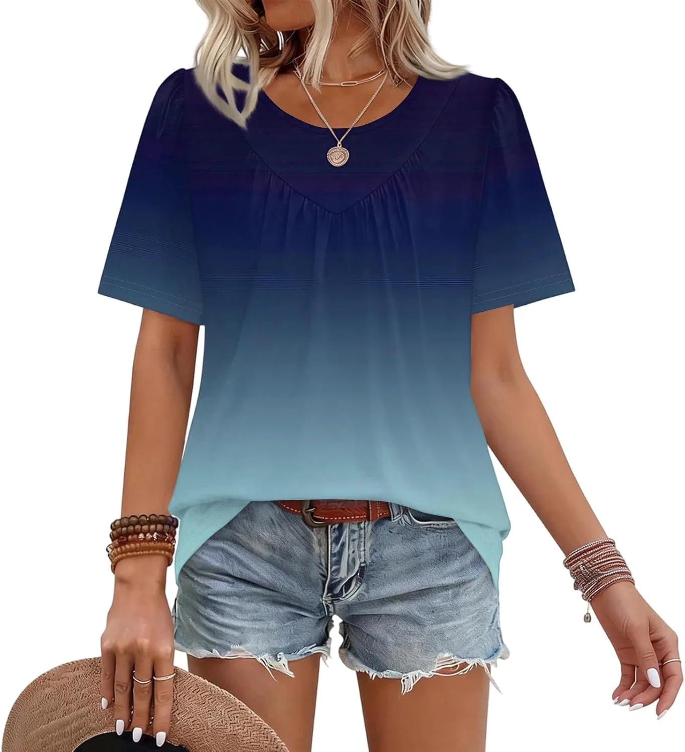 Женская футболка с плиссированным воротником Oversize, Blue — фото 4