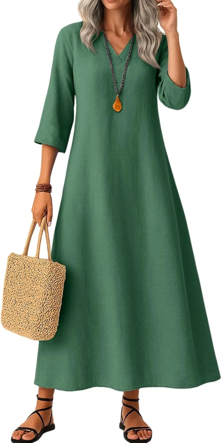 Женское льняное макси-платье a line dress, Dark Green