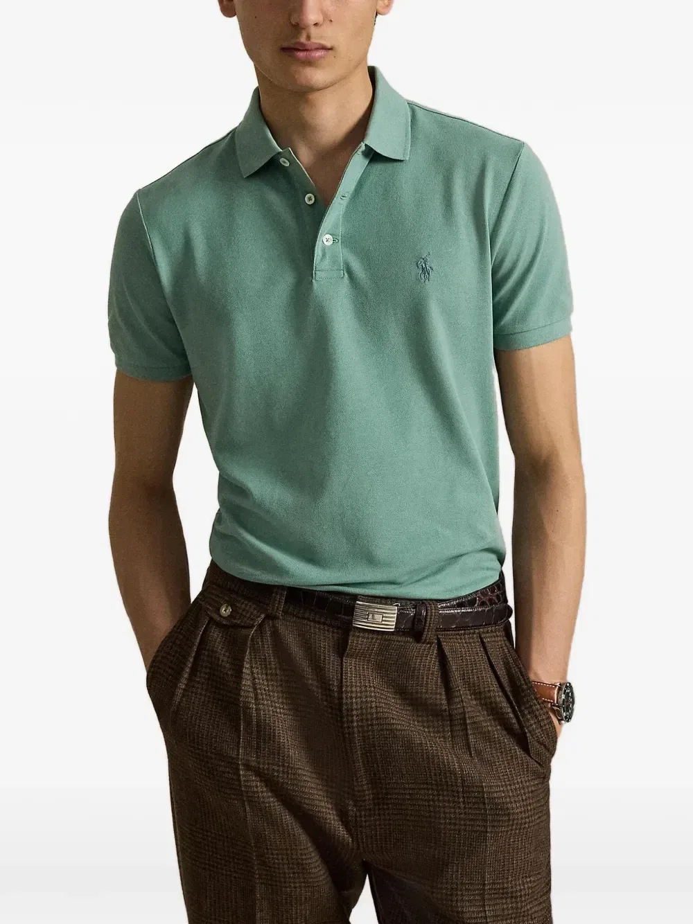 Поло из эластичной сетки по фигуре Custom Slim Fit Polo Ralph Lauren, зеленый — фото 2