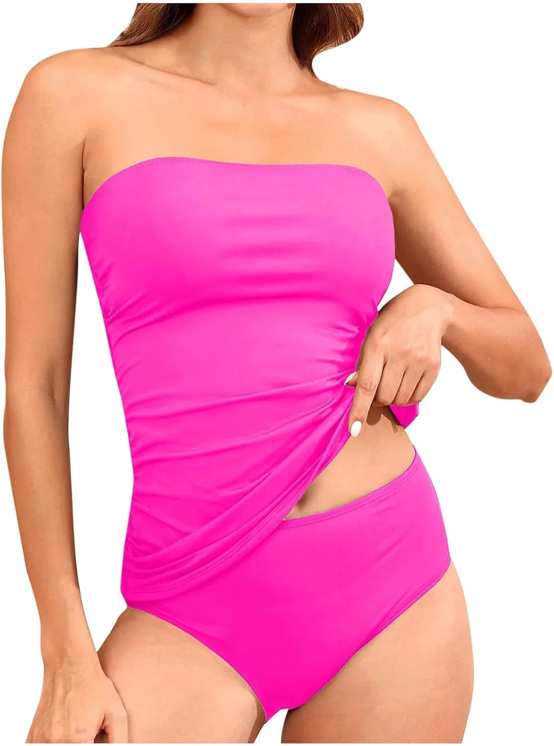 Женский танкини-сет с бандо и рюшами, Hot Pink