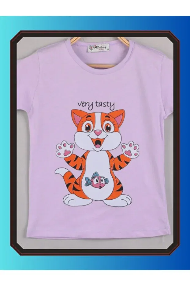 Детская футболка для девочек с принтом Short sleeve t-shirt girl cute kitten printed cotton Edoy, Lilac — фото 2
