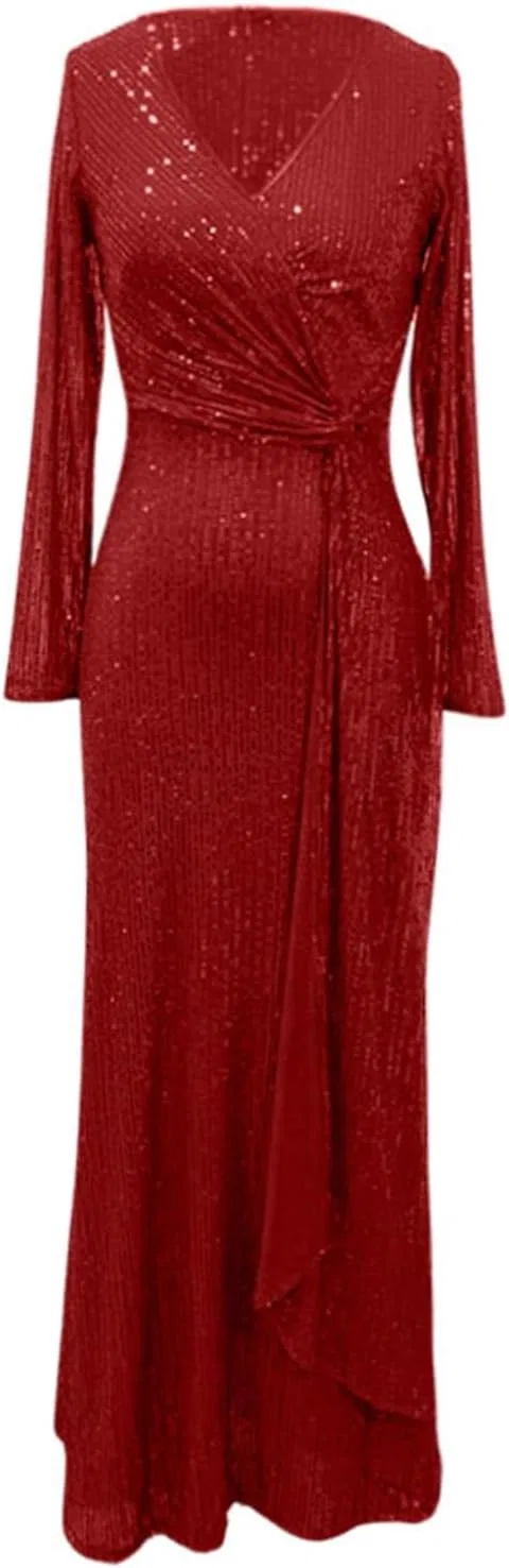 Женское вечернее платье с пайетками длинным рукавом Plus Size, Red — фото 4