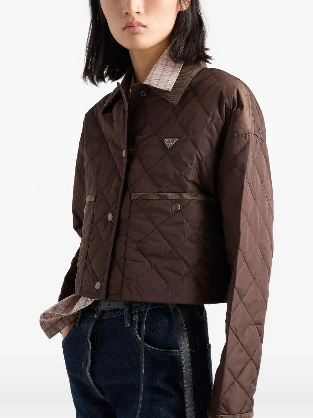 Легкая укороченная куртка-блузон из Re-Nylon Prada, коричневый — фото 4