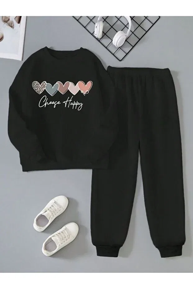 Детский спортивный комплект для девочек с принтом Colorful Heart Printed Cm Buseyiz, Black