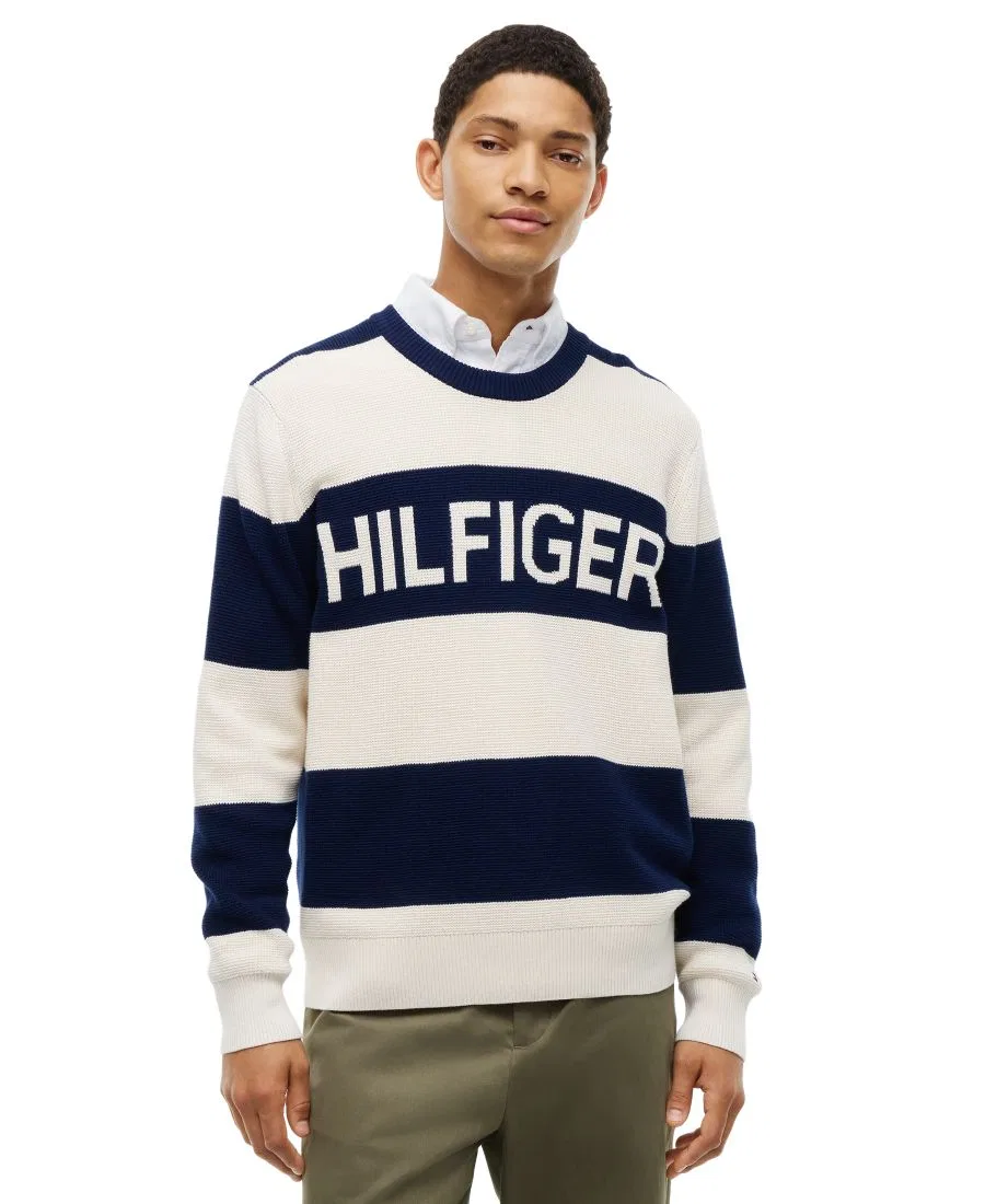 Свитер из ваффли с графичным принтом, модель Waffle Cotton Graphic Tommy Hilfiger, Carbon Navy/Ivory Petal