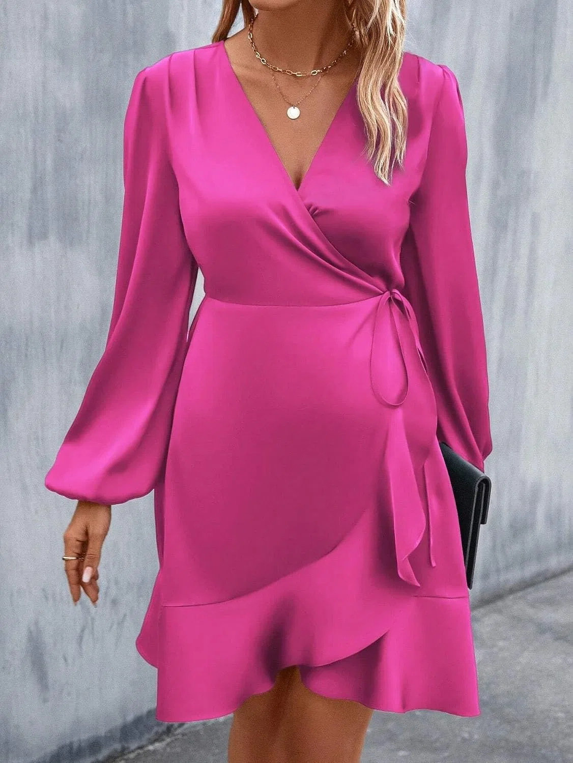Женское сатиновое платье А-силуэта с фонариками рукавами, Hot Pink — фото 4