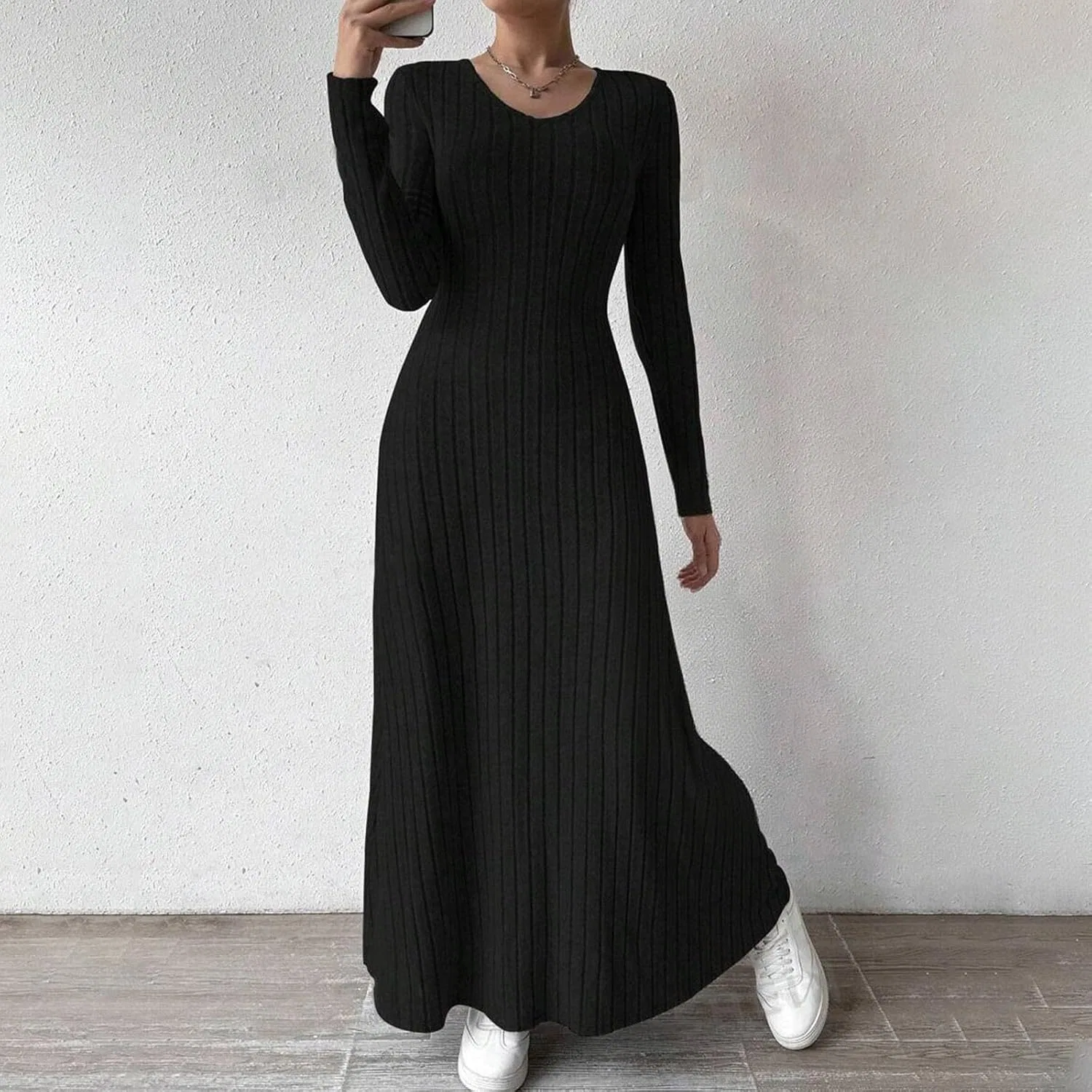 Женское облегающее трикотажное платье-свитер A-силуэта, Black — фото 3