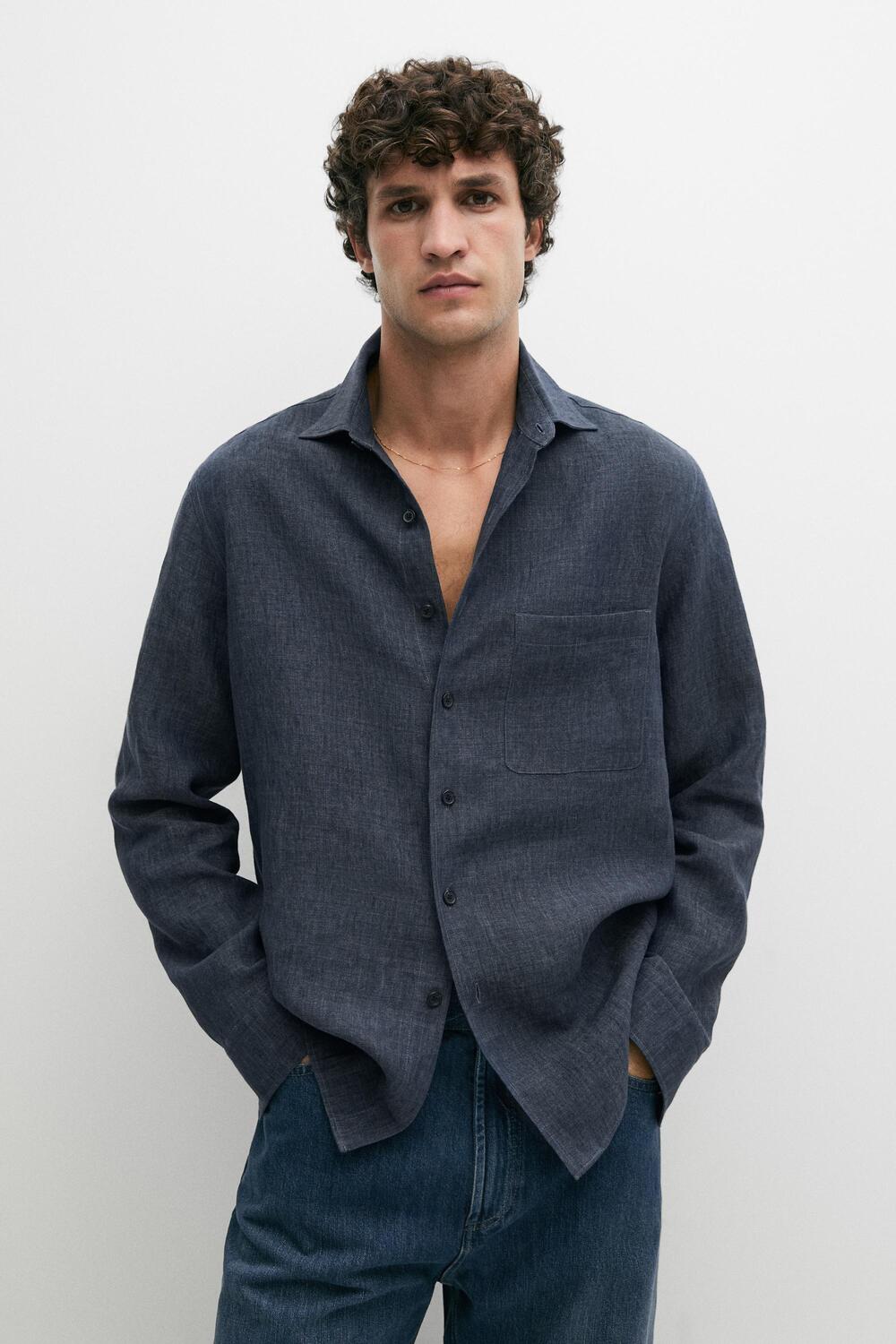 Рубашка Massimo Dutti 100% Linen With Pocket, синий — фото 2