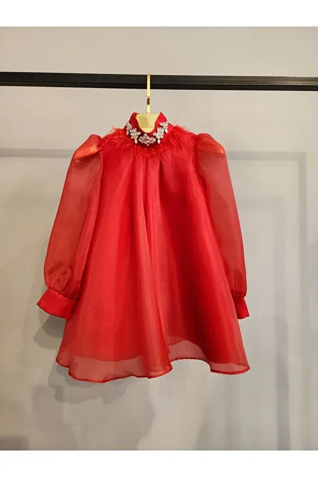 Детское платье для девочек из органзы с длинным рукавом Scstil, Red