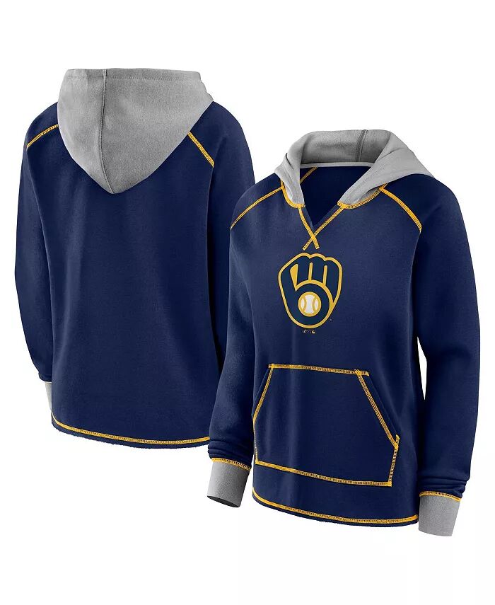 

Женская флисовая кофта-пуловер Milwaukee Brewers Boom Navy с V-образным вырезом и капюшоном Fanatics