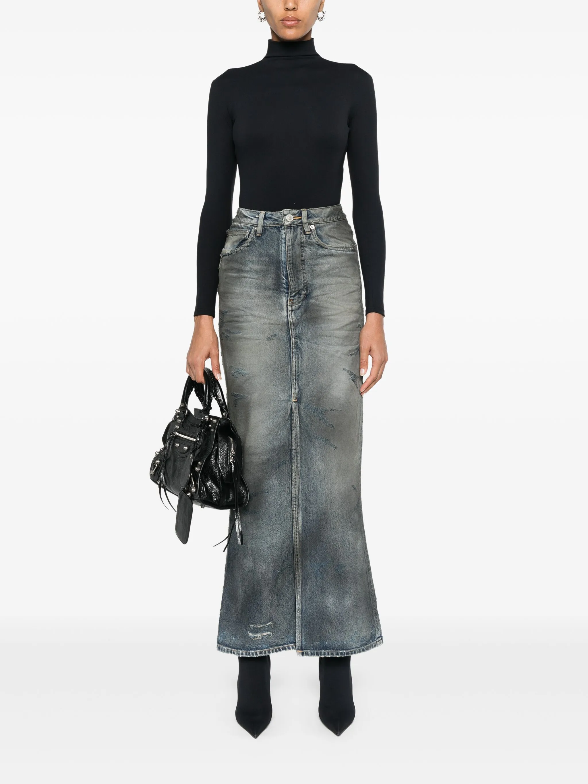 Джинсовая юбка макси с эффектом потертости Balenciaga, серый — фото 2