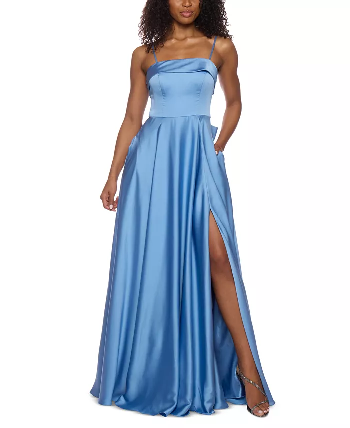 

Женское сатиновое платье без рукавов с квадратным вырезом Juniors' Satin Square-Neck Sleeveless Gown B Darlin, синий
