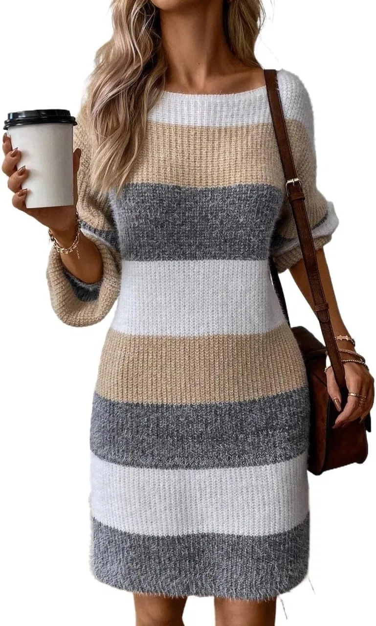 Женское повседневное платье-свитер Colorblock Round Neck, Multicolor — фото 4