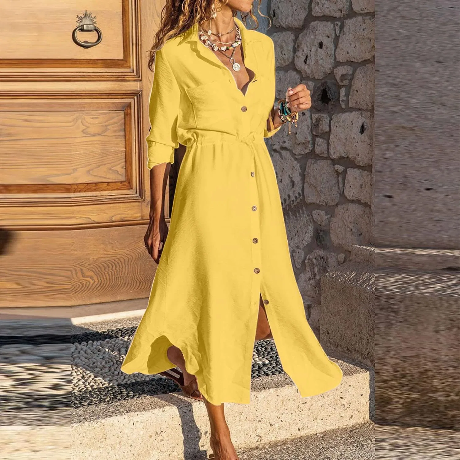 Женское свободное миди-платье богемное с пуговицами, Yellow — фото 2