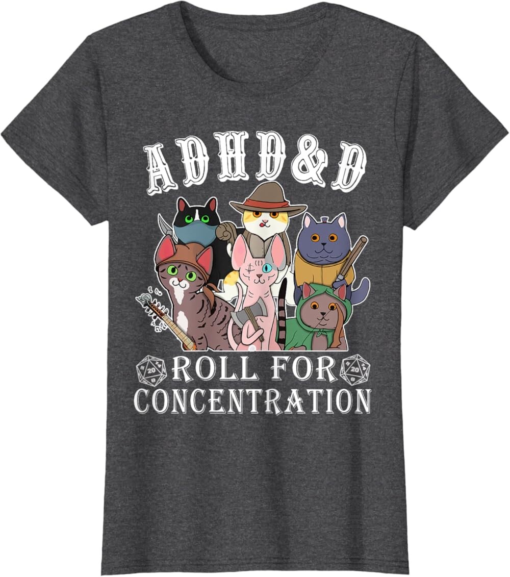 

Женская футболка Funny Tees Gamer RPG Apparel Cats RPG Gamer Roll For Concentration D20 Dice Nerdy, темно-серый