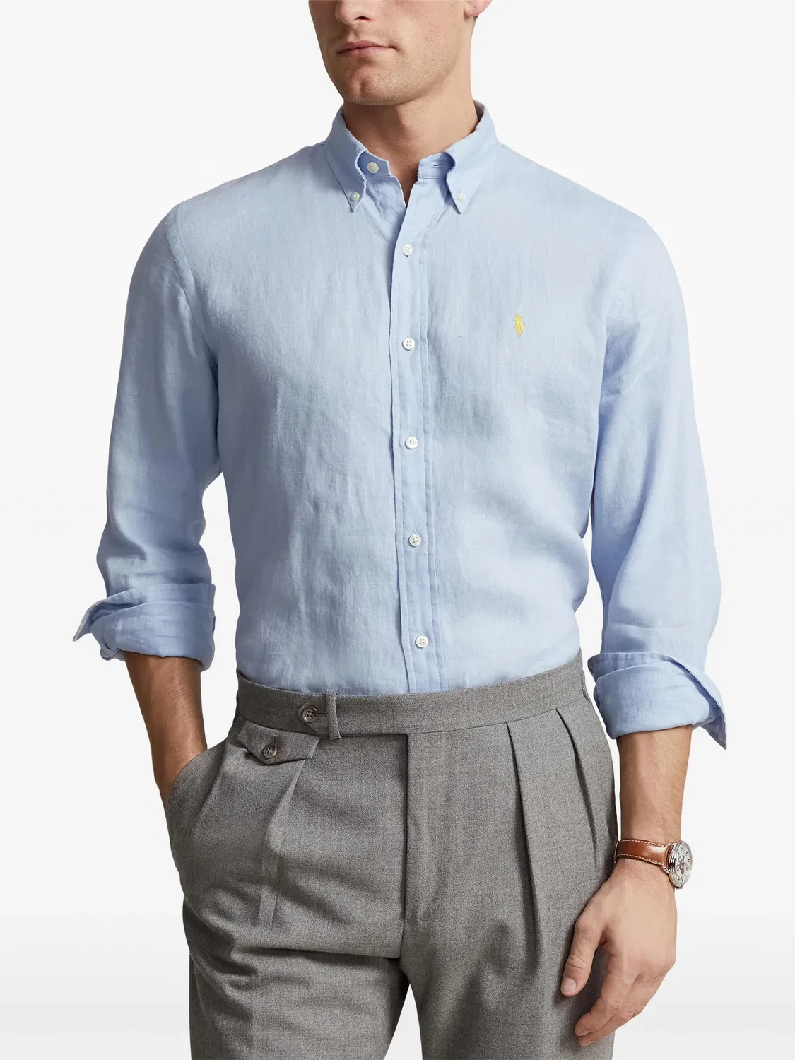 Рубашка из льна голубая Polo Ralph Lauren, синий — фото 4