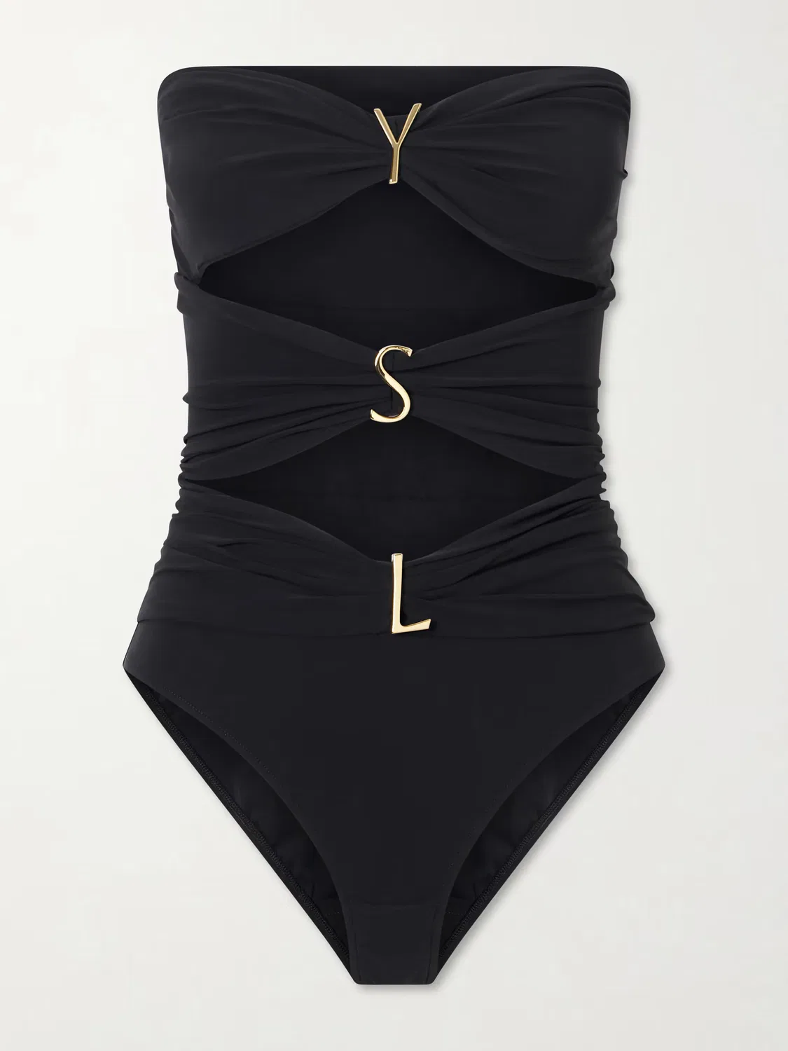 Купальник без бретелей с вырезами сборками и декором Saint Laurent, черный