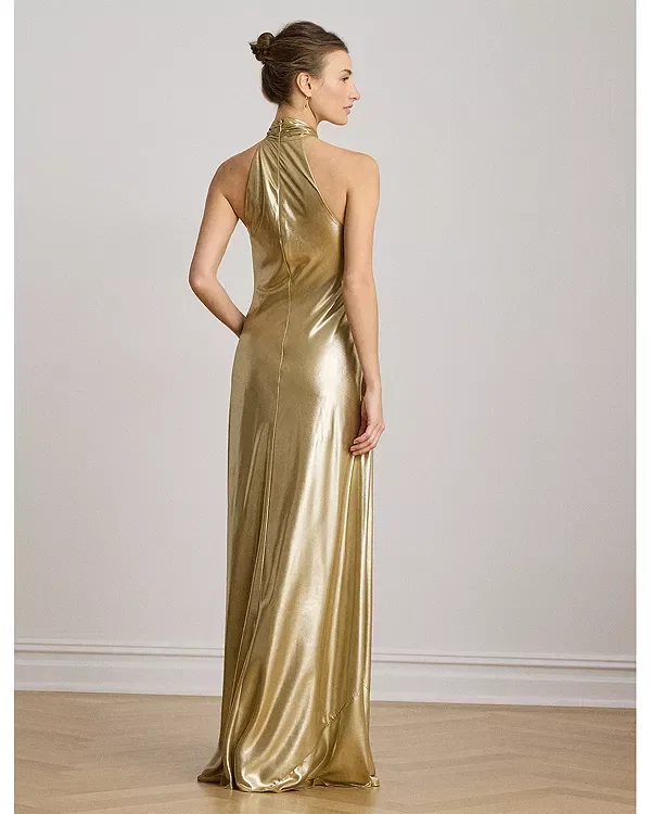 Женское платье-макси с пайетками Metallic Chiffon Halter Gown Ralph Lauren, Tan/Light Gold — фото 3