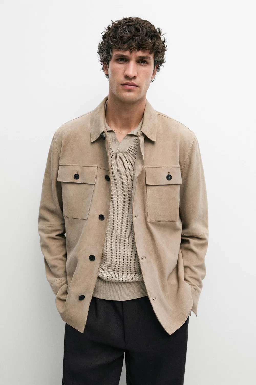 Рубашка Massimo Dutti, из замшевой кожи, бежевый — фото 2
