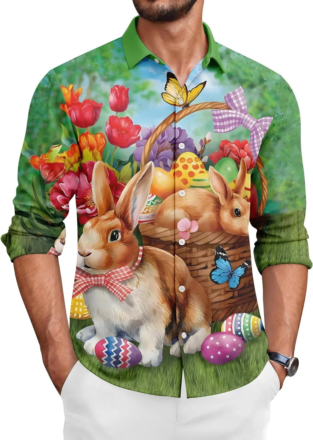 Мужская рубашка с коротким рукавом с принтом кролика, Easter, Polyester, 03#easter