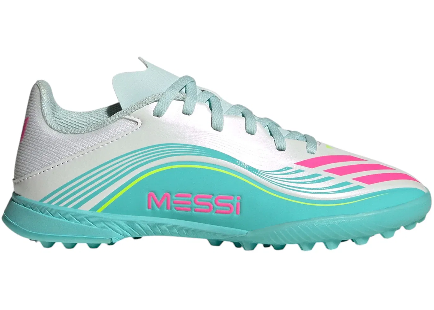 Детские кроссовки с турбо-затяжкой F50 League TF Adidas, Cloud White/Lucid Pink/Flash Aqua