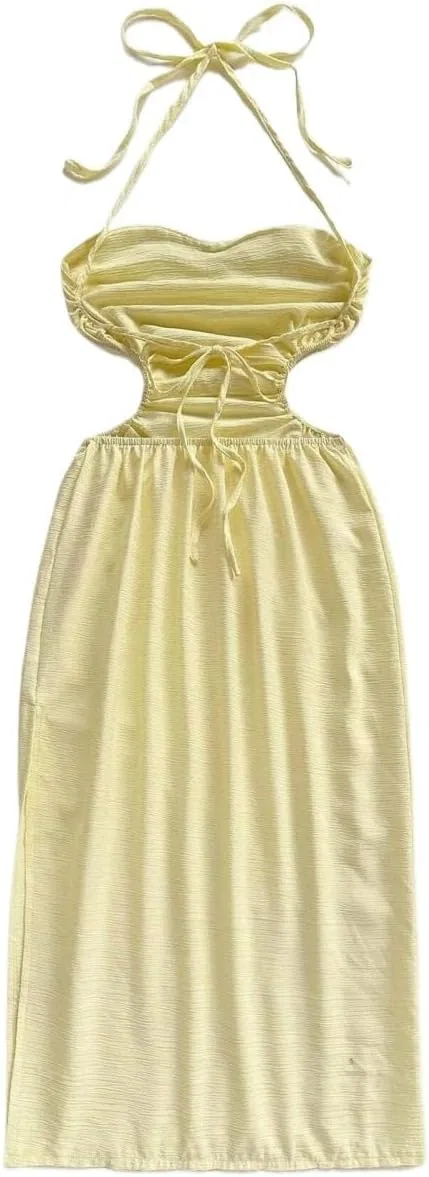 Женское миди платье без рукавов с открытой спиной, Yellow — фото 2