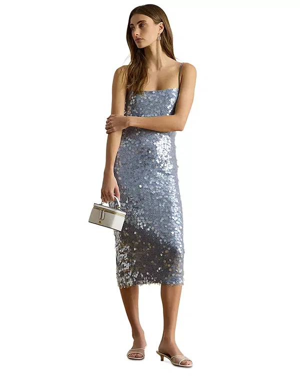 Женское платье с пайетками Sequined Tulle Midi Cocktail Dress Ralph Lauren, Blue Multi